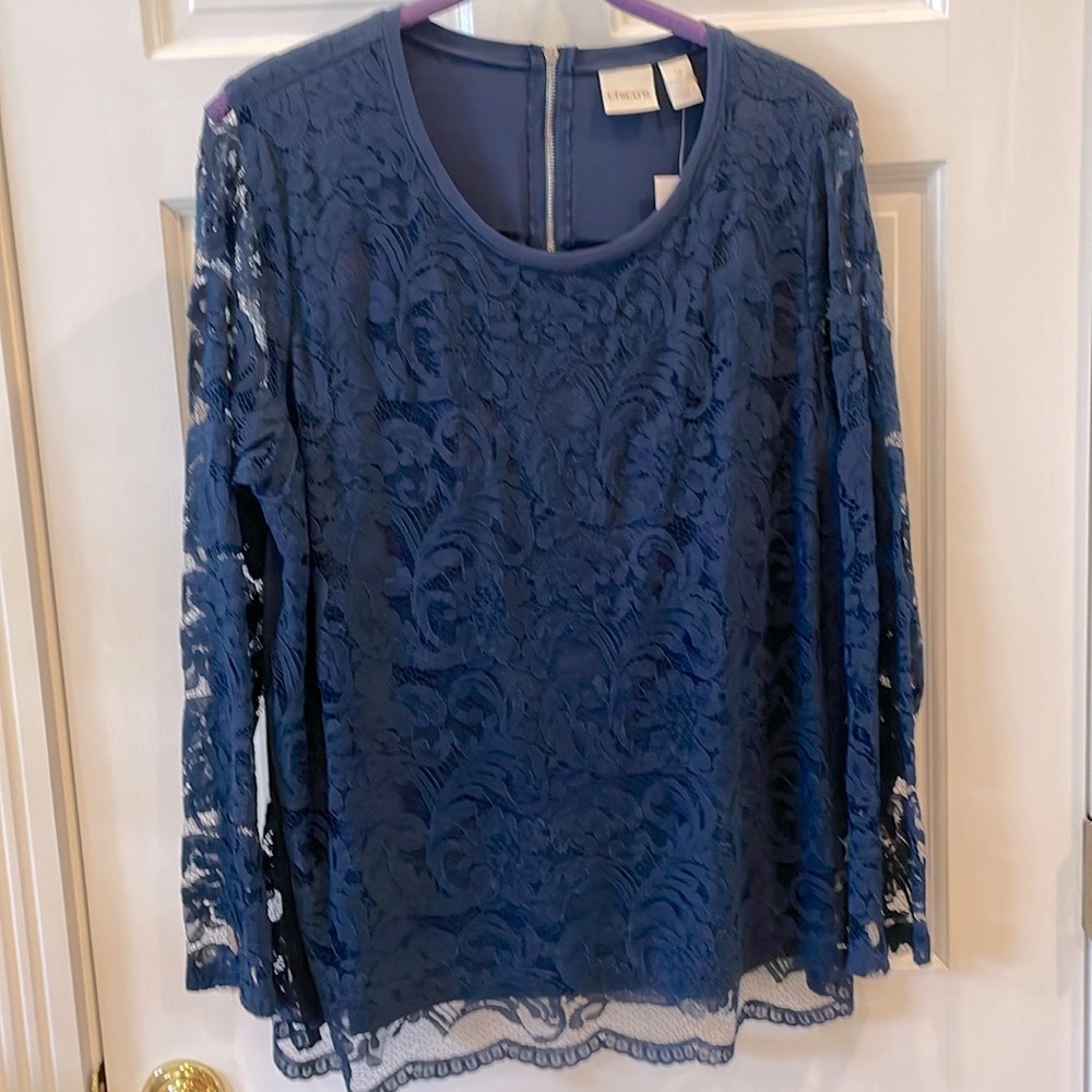 Chico’s Navy NWT Size 2, 12/14, Top, 3/4  Lace Sleeves.  Front Lace Overlay.